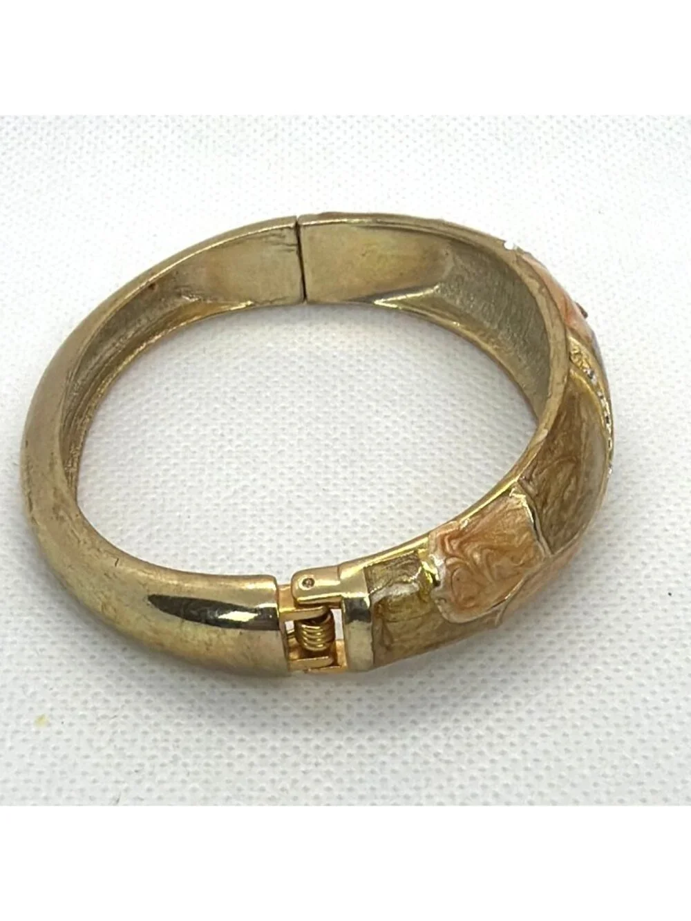 VTG Art Deco Enamel Gold Tone Hinged Bangle Rhinestone Clamper Retro Bracelet - Picture 8 of 16